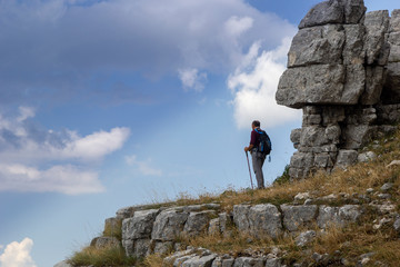 hiker on top of a mountain massif Alburni area Petina