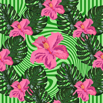 Summer seamless tropical pattern with bright yellow and pink plants and leaves. © MichiruKayo