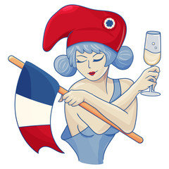 A girl with a glass of wine and a flag of France. 
