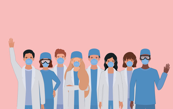Men and women doctors with uniforms masks and glasses vector design