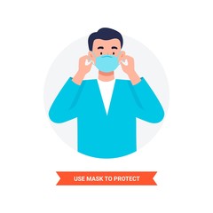 Virus prevention and protection. Use a face mask to protect. Coronavirus alert. Isolated vector illustration in flat cartoon style.