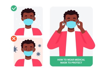 Man presenting the correct method of wearing a mask, to reduce the spread of germs, viruses, and bacteria. Stop the infection. Health care concept. Vector illustration in a flat style.