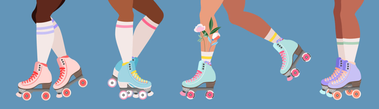 Roller skates and legs. Girls wearing roller skates. Hand-drawn trendy illustration of legs and rollerblades. Flowers in socks. Female legs. Pastel colour web banner design. Modern poster. 