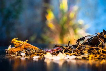 Ayurvedic herb best for fever and cough on a black wooden surface i.e. Ardusi or Malabar nut along with its powder in dark and warm colors.