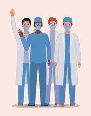Men doctors with uniforms masks and glasses vector design