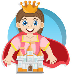 Cute princess with a castle. Isolated on white background. Vector illustration.