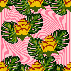 Summer seamless tropical pattern with bright yellow and pink plants and leaves.
