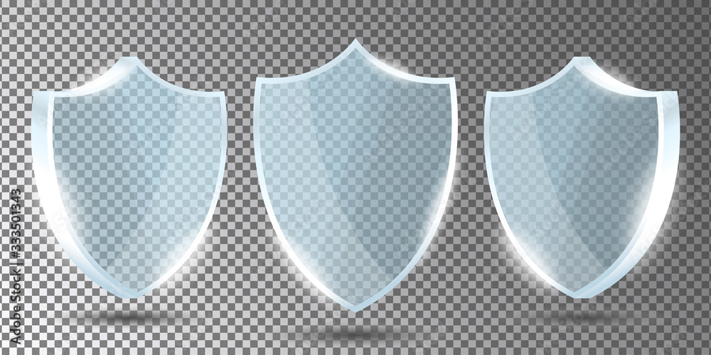 Poster Glass shields set on transparent background in front and side view. Acrylic security shield or plexiglass plates with gleams and light reflections. Concept of award trophy or safety. Vector