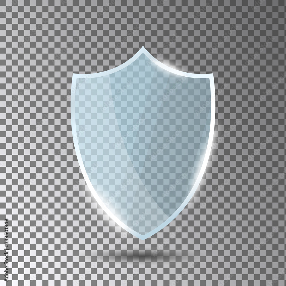 Poster glass shield in front view. blue acrylic security shield or plexiglass plate with gleams and light r