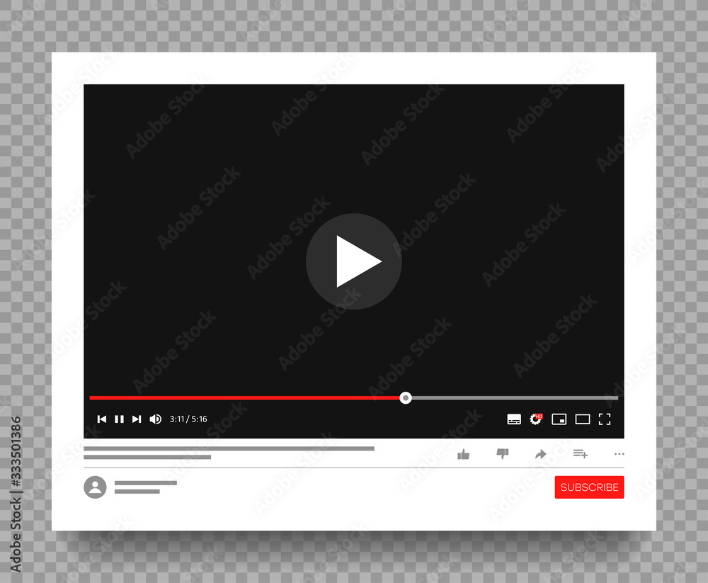 Poster Interface of multimedia player of social media. Website page with playing video or video channel. Mockup on transparen background with shadow. Vector illustration.