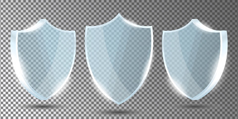 Glass shields set on transparent background in front and side view. Acrylic security shield or plexiglass plates with gleams and light reflections. Concept of award trophy or safety. Vector