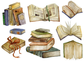 Watercolor books set. Open books and stack of books. Education and knowledge concept. Isolated objects on white background. Hand drawn illustration