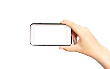 Close-up of a woman holding a smartphone with a blank screen and a modern design frame - isolated on a white background