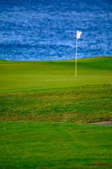 View on evergreen grass field on large golf course and blue Atlantic ocean on Tenerife island, Canary, Spain
