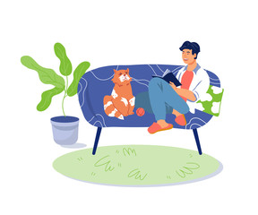 Man cartoon character reading a book sitting at home. Online library and remote education topic. Literature and learning concept. Flat vector illustration isolated.