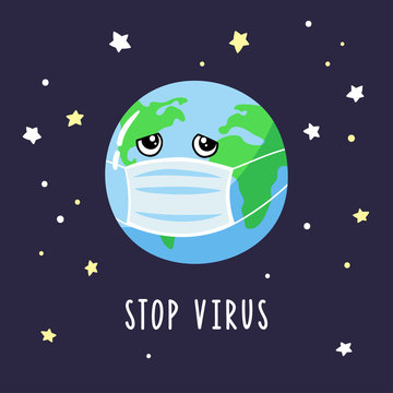 Sad cartoon Earth in medical mask. Coronavirus pandemic protection. Vector illustration.