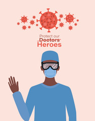 man doctor hero with uniform mask glasses and 2019 ncov virus vector design