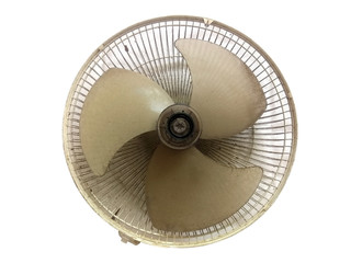 The fan blades and cover are full of dust and dirt, on white background.