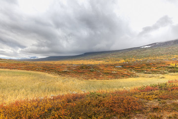 Sarek National Park in Lapland view from the mountain, autumn, Sweden, selective focus