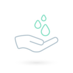 Hand washing icon. Hand with water symbol. Prevention against viruses, bacteria, flu, coronavirus. Concept of hygiene, cleanliness, disinfection. Vector illustration, flat design
