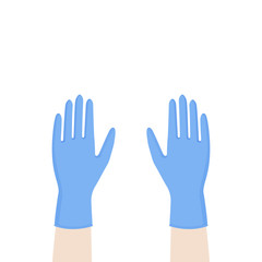 Fototapeta na wymiar Hands up with blue nitrile medical gloves. Personal protective equipment. Prevention against viruses, bacteria, flu, coronavirus. Concept of hygiene, protection. Vector illustration, flat design