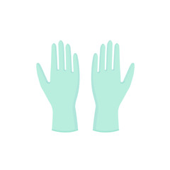 Hands up with turquoise medical gloves. Personal protective equipment. Prevention against viruses, bacteria, flu, coronavirus, covid-19. Concept of hygiene, protection. Vector illustration,flat design