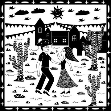 a person dancing in a cactus desert in the hot sun. illustration of cordel style