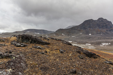 stone landscape in the mountains in Sarek national park, selective focus