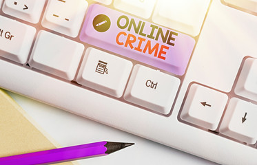 Writing note showing Online Crime. Business concept for crime or illegal online activity committed...