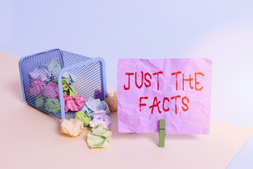Writing note showing Just The Facts. Business concept for to have the correct information about the...