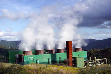 Naklejka na ściany i meble Europe , Italy , April 2020 Geothermal power plant in Tuscany hills - Enel electricity production 