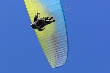 Paraglider flying wing in a blue sky	