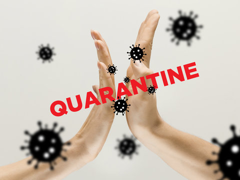 Human hands shaking, avoid greeting while coronavirus epidemic - concept of spreading of virus. Danger way of epidemic. Caution, outbreak alert. Stay safe. Prevention, safety, pandemic spread concept.