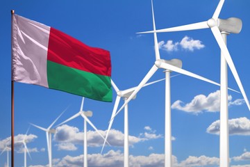 Madagascar alternative energy, wind energy industrial concept with windmills and flag industrial illustration - renewable alternative energy, 3D illustration