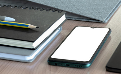 Smartphone, pen, pencil, notebook, file on table with clipping part of smartphone(Business concept)