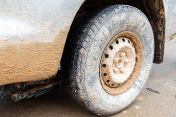 Mud dirty pickup truck wheels