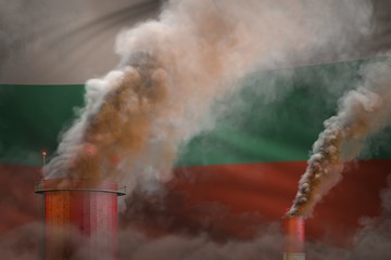 dense smoke of industry pipes on Bulgaria flag - global warming concept, background with space for your text - industrial 3D illustration