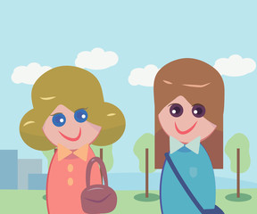Two nice friend girls a blonde and a brunette walk together in a park in the city under a blue sky vector cartoon illustration.