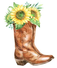 Fotobehang Zonnebloemen Aquarel cowboylaarzen met zonnebloemen.