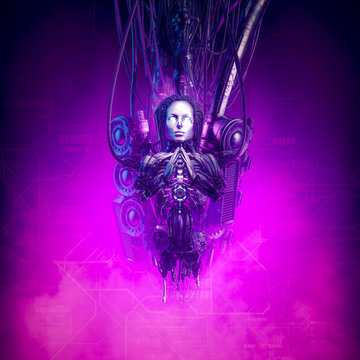 Female robot under repair / 3D illustration of futuristic metallic science fiction humanoid cyborg woman torso hanging from cable machinery