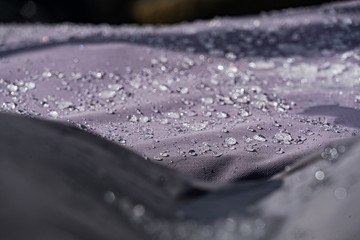 Hintergrund, Textur, Template: Wassertropfen auf grauer Plane mit Schattenwurf und Tiefenunschärfe, Nahaufnahme