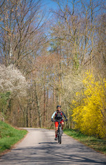 Naklejka premium ageless happy senior woman riding her electric mountain bike on sunny springtime day in a spring forest with blooming bushes at the wayside