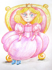 A simple cute princess in a pink dress, with a crown and crystal shoes, sits on a red throne with gilded drawing with colored pencils.