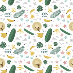 summer seamless pattern, bananas and palm trees, hat and mollusks, vector illustration hand drawing