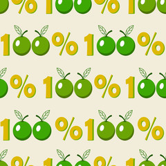Seamless background with one hundred percent green apple symbol