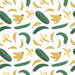 summer seamless pattern, bananas and palm trees, vector illustration hand drawing