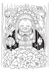 A cute rabbit is standing in a magical garden and holding a ladybug. Coloring page for children and adults.