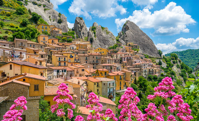 Panoramic view of Castelmezzano, province of Potenza, in the southern Italian region of Basilicata.