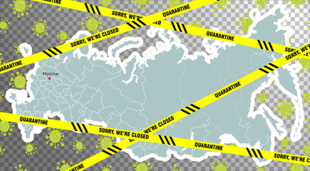 Map of Russia. Yellow restraining bands. Text: quarantine, sorry, we are closed. The symbolic image of the virus