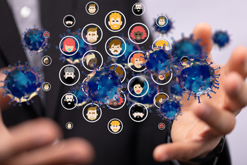 Group of virus cells. 3D illustration of Coronavirus cells.